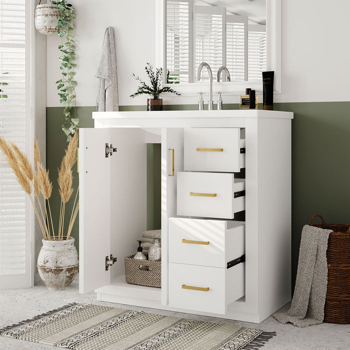 Giga bathroom vanity with sink, storage cabinet, three drawers, and soft-closing doors, freestanding bathroom furniture.
