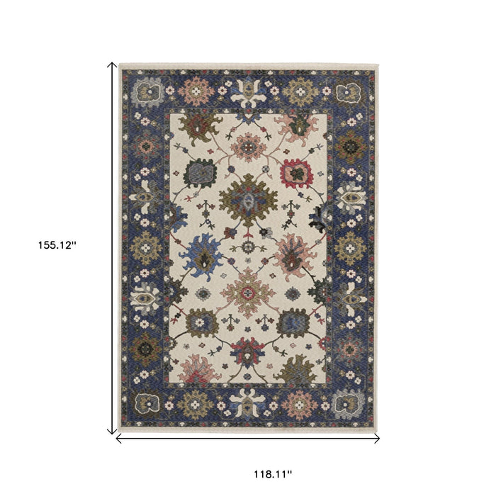 10' X 13' Floral Area Rug With Fringe - Blue / Ivory