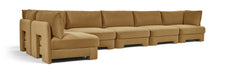 Meridian Furniture Hammond velvet performance fabric 6-piece L-shaped armless sectional sofa in stylish upholstery.