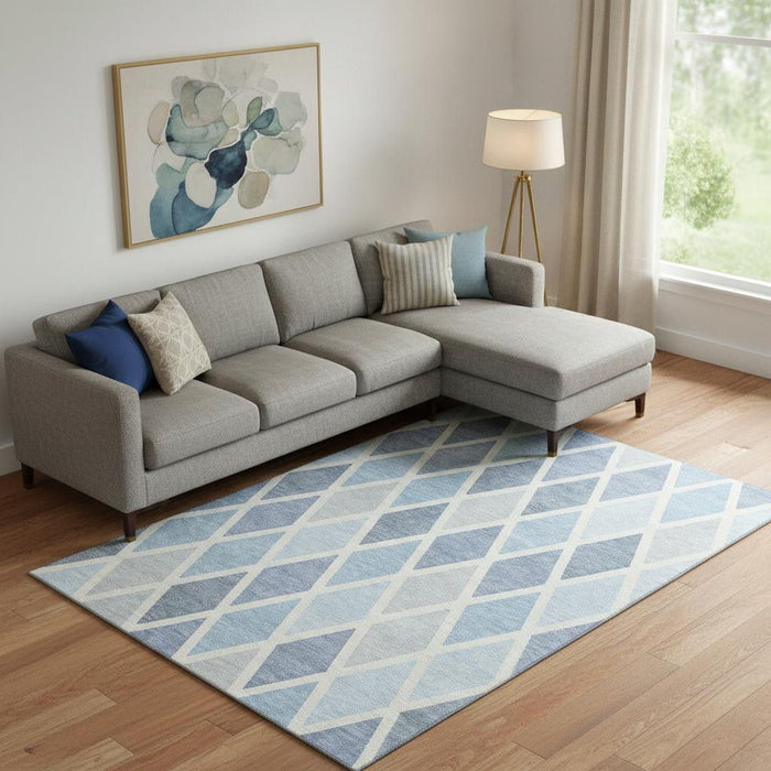 10' X 14' Geometric Washable Area Rug With UV Protection (670507) - Sky Blue / Ivory