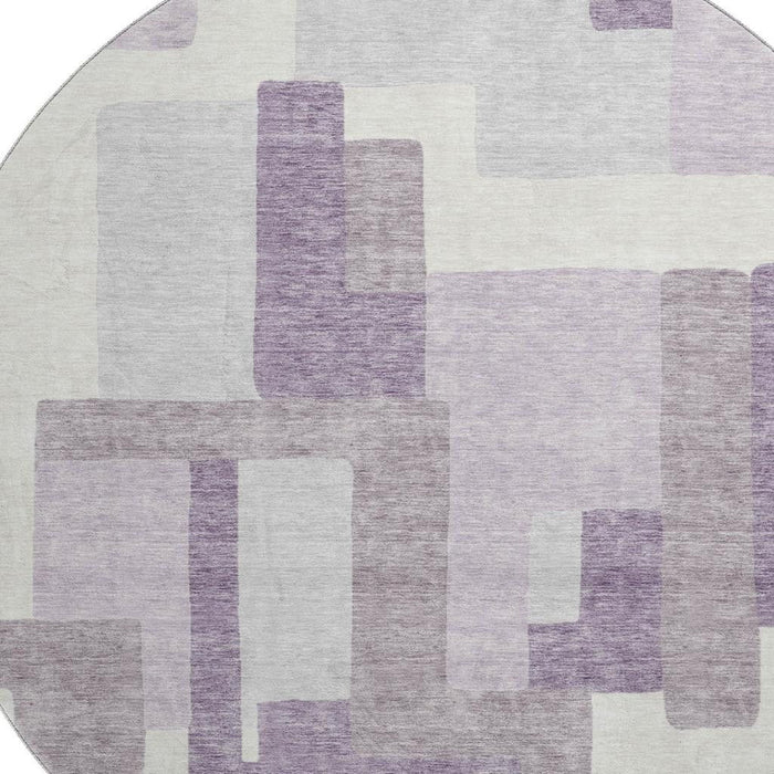 8' Abstract Geometric Washable Round Rug With UV Protection - Lavender / Ivory