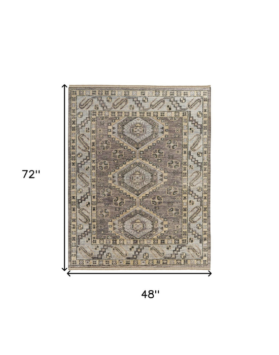 4' x 6' Wool Geometric Hand Knotted Area Rug With Fringe - Gray And Brown