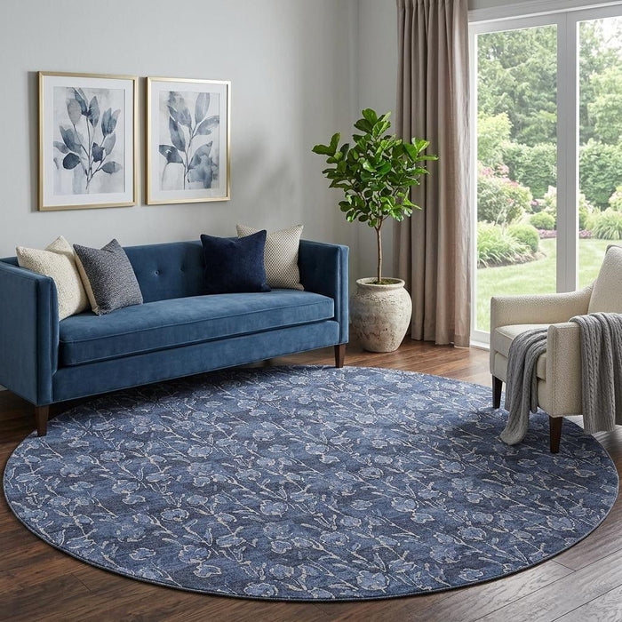 8' Floral Washable Round Rug With UV Protection (656451) - Navy Blue / Ivory