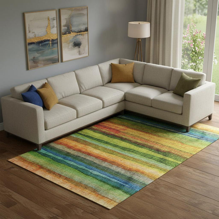 10' X 14' Striped Washable Area Rug With UV Protection (717590) - Green / Teal