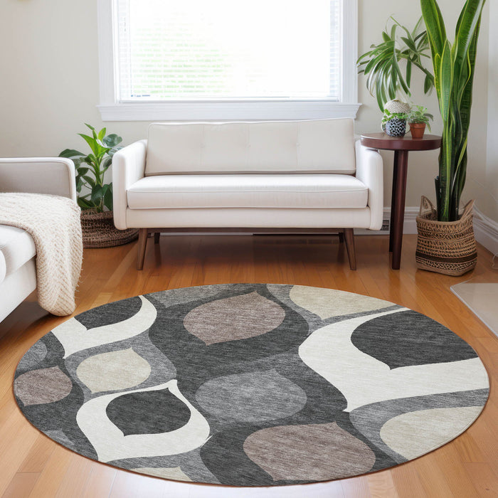 8' Ogee Washable Round Rug With UV Protection - Gray