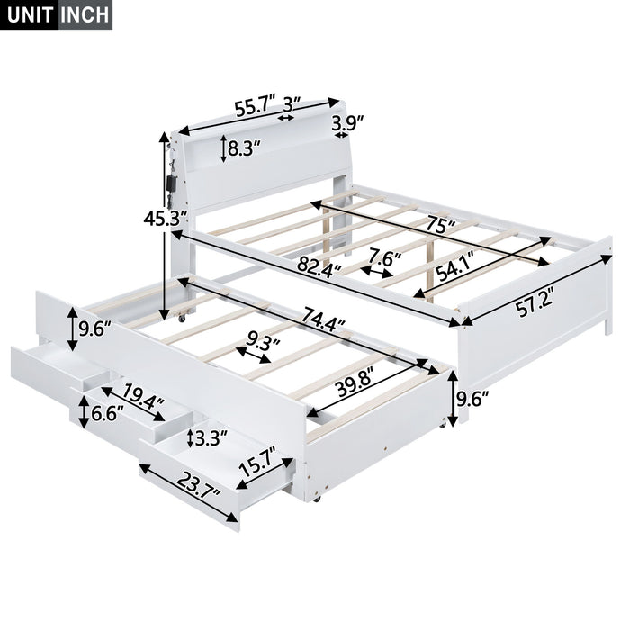 White Giga full size platform bed with storage LED headboard, twin trundle, and three drawers in a modern bedroom setting.