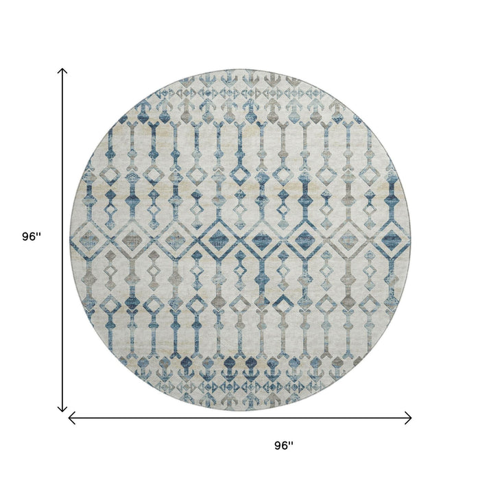 8' Tribal Washable Round Rug With UV Protection (644141) - Ivory / Blue