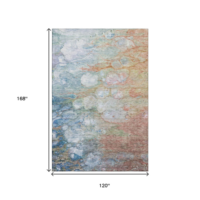 10' X 14' Abstract Washable Area Rug With UV Protection (656717) - Coral / Blue / Ivory