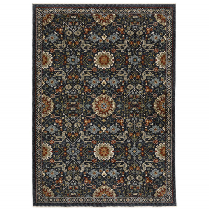 7' x 10' Oriental Power Loom Area Rug With Fringe - Ivory And Blue
