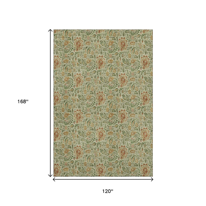 10' X 14' Floral Washable Area Rug With UV Protection (654970) - Artichoke Green / Rust