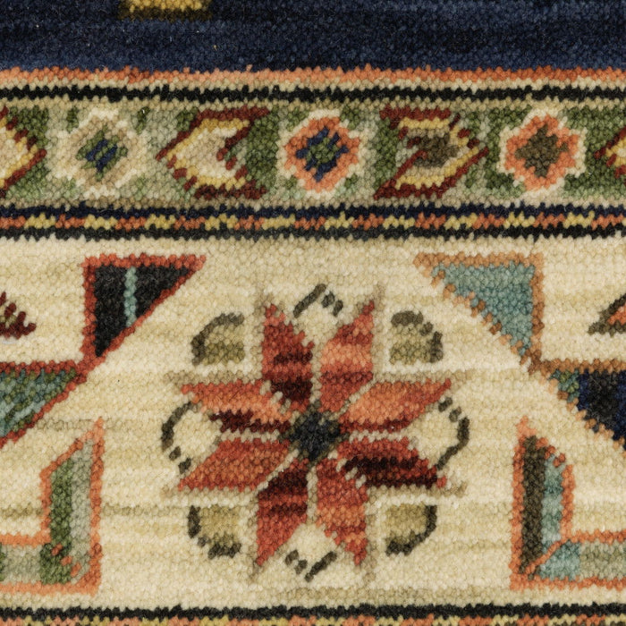 10' x 13' Oriental Power Loom Stain Resistant Area Rug With Fringe - Navy Charcoal Orange Rust Gold Pale Blue Olive Beige And Salmon