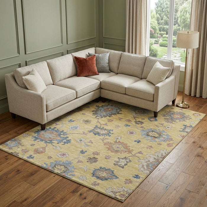10' X 14' Floral Washable Area Rug With UV Protection (688486) - Gold / Blue / Ivory