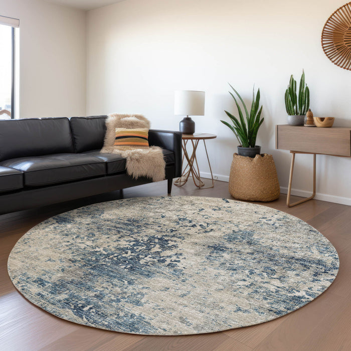 8' Transitional Abstract Washable Round Rug With UV Protection - Blue And Ivory