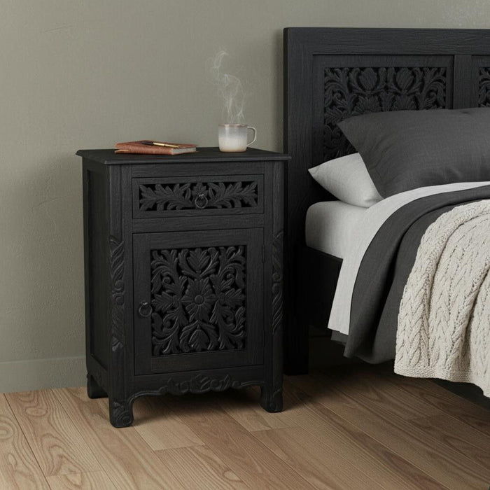 One Drawer Carved Floral Solid Wood Nightstand - Distressed Black
