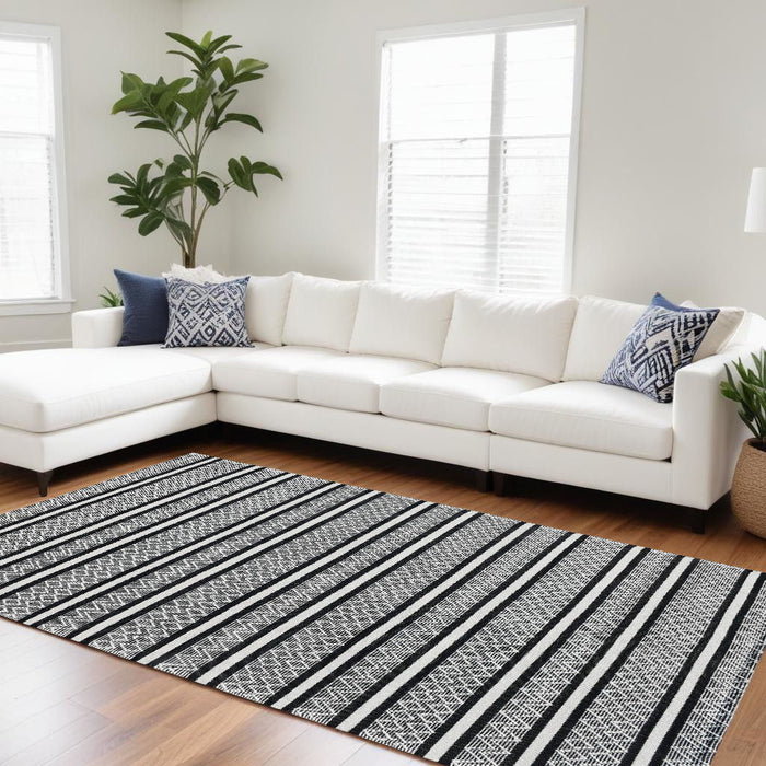 8' x 10' Wool Geometric Stripe Hand Loomed Area Rug - Black And White