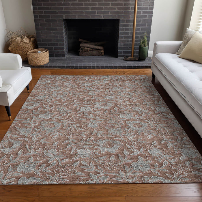 10' X 14' Floral Washable Area Rug With UV Protection - Terra Cotta And Gray