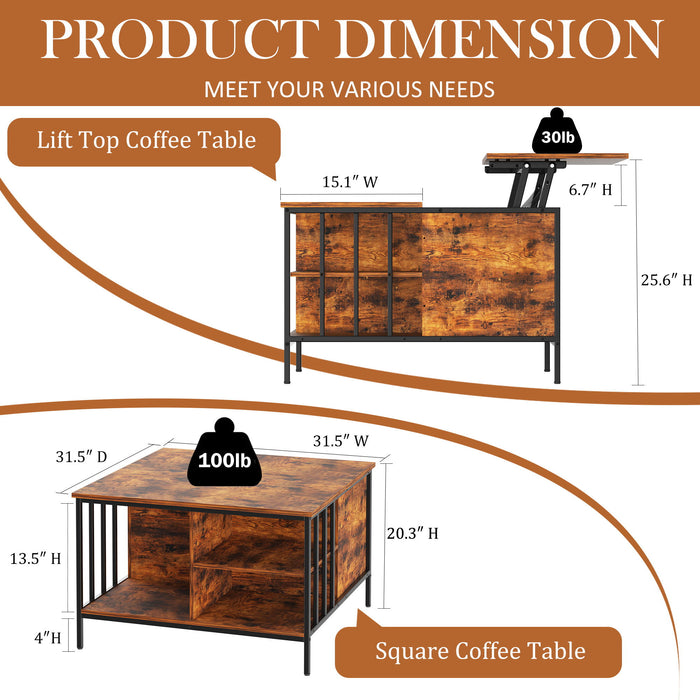 Giga black and brown lift top coffee table with adjustable height and hidden storage in a modern living room setting.