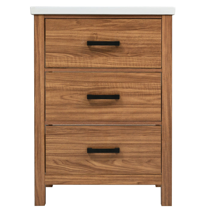Giga 24-inch bathroom vanity with basin sink, natural wood finish, three drawers, and storage cabinet for modern bathroom decor.