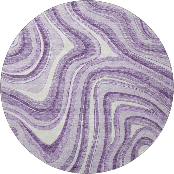 8' Marble Washable Round Rug With UV Protection - Lavender And Ivory