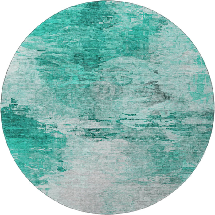 8' Abstract Washable Round Rug With UV Protection (650743) - Teal / Ivory