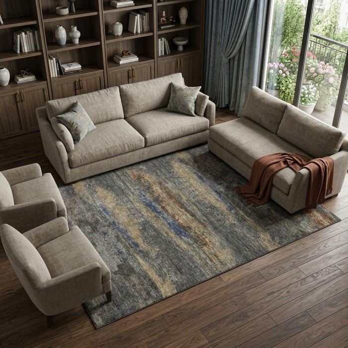 10' X 14' Abstract Washable Area Rug With UV Protection (675006) - Graphite / Gold / Blue