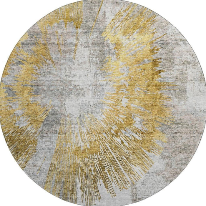 8' Abstract Washable Round Rug With UV Protection - Gold / Gray