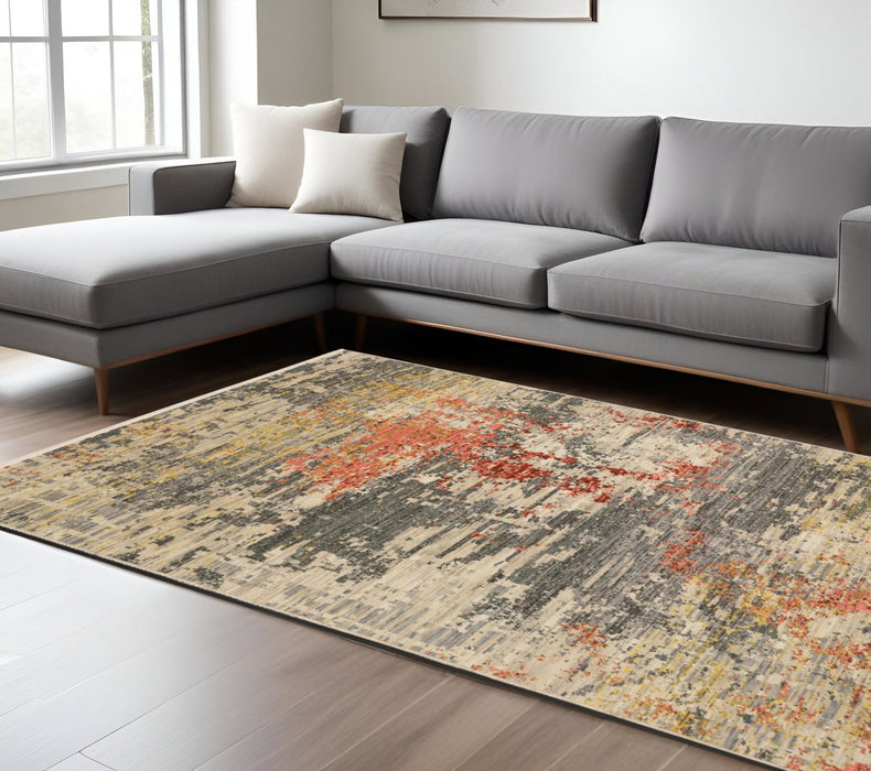 8' X 11' Abstract Area Rug With Fringe - Beige And Pink