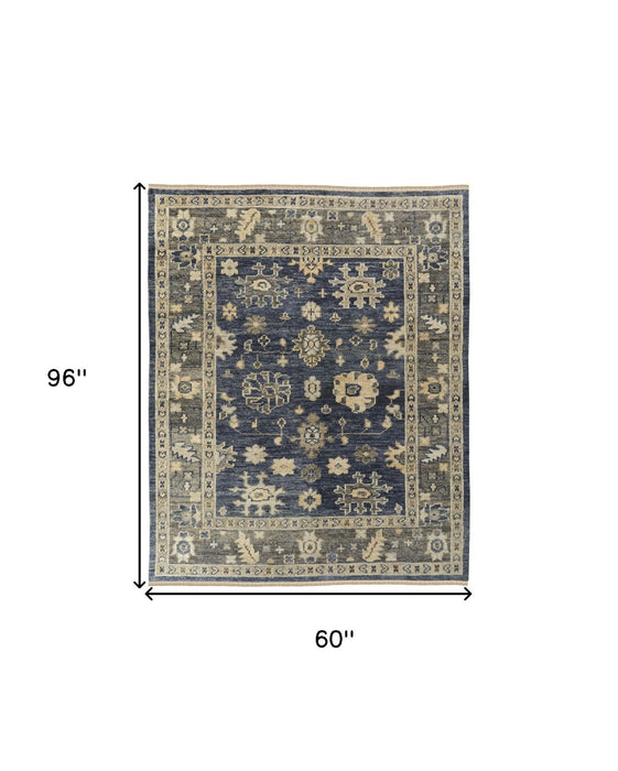 5' x 8' Wool Floral Hand Knotted Area Rug With Fringe - Blue And Gray