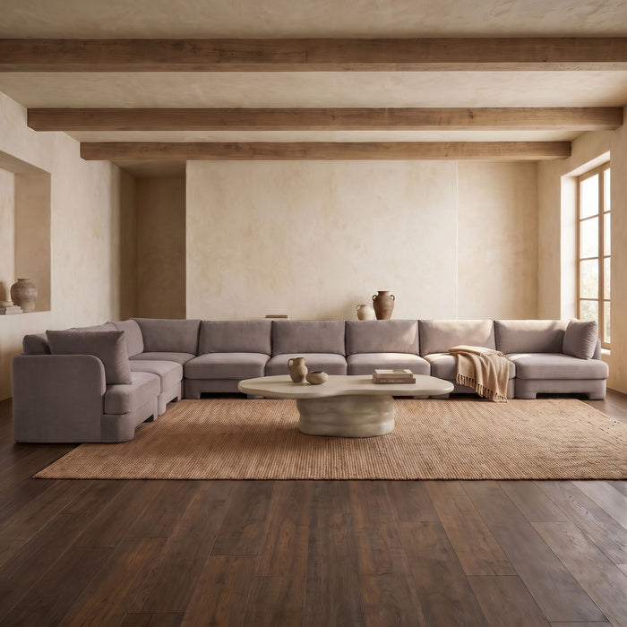Meridian Furniture Hammond velvet performance fabric 8-piece L-shaped sectional sofa with plush cushions and modern design.