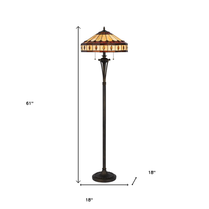 Two Light Traditional Shaped Floor Lamp With Purple And Ivory Abstract Tiffany Glass Empire Shade - Bronze