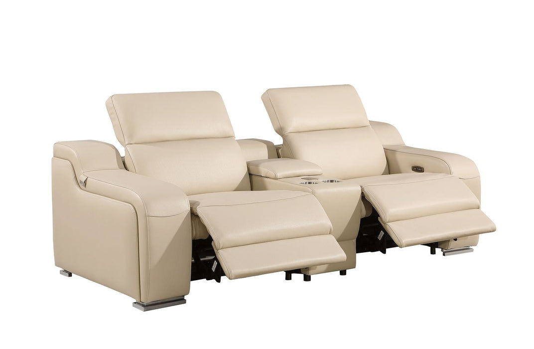 Italian Leather Power Reclining Loveseat With Storage - Beige / Silver