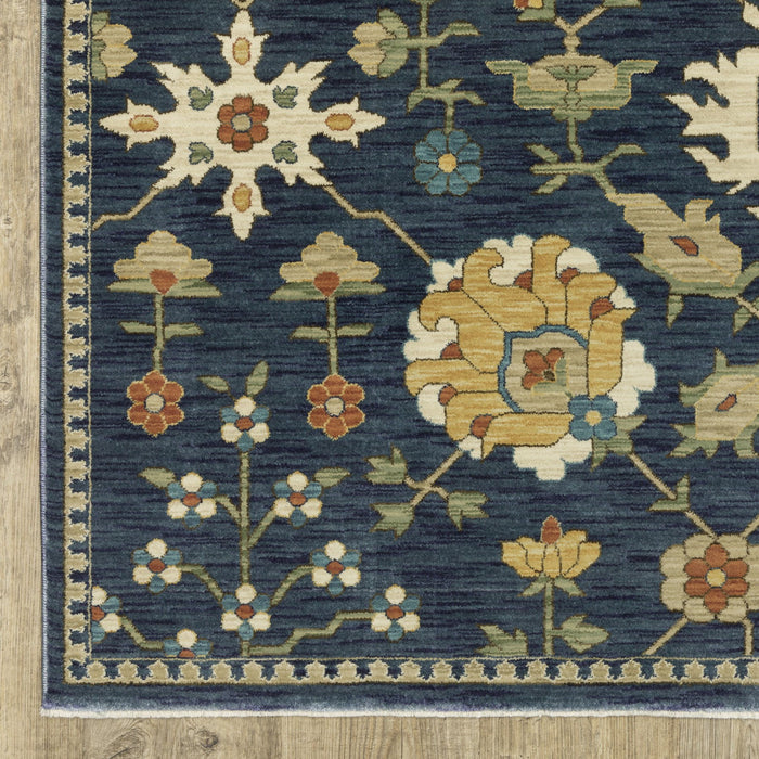 7' X 10' Oriental Area Rug With Fringe - Blue / Gold