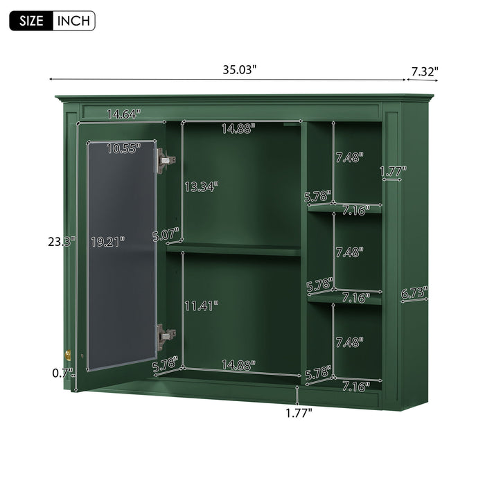 Giga wall-mounted medicine cabinet with mirror, six open shelves, and adjustable interior for bathroom storage.