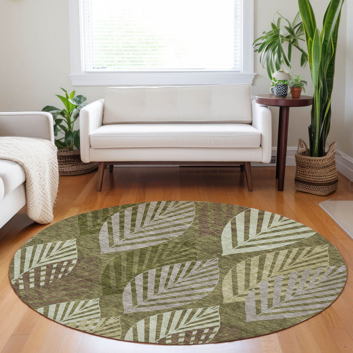 8' Floral Washable Round Rug With UV Protection - Olive Green