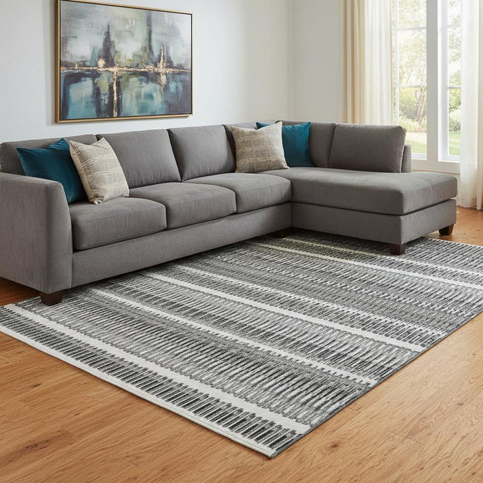 10' X 14' Striped Washable Area Rug With UV Protection (650482) - Gray / Ivory