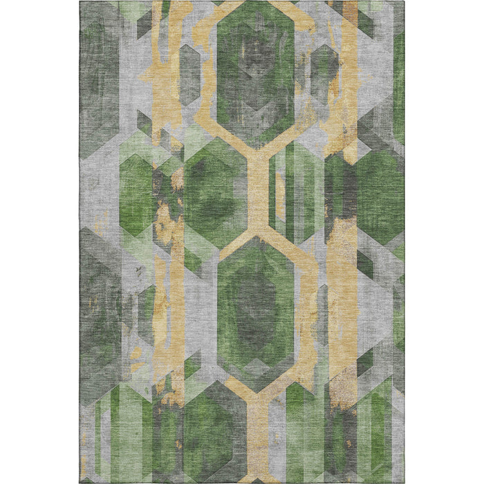 10' X 14' Geometric Washable Area Rug With UV Protection (699112) - Green / Gold / Gray