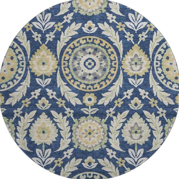 8' Floral Washable Round Rug With UV Protection - Navy Blue