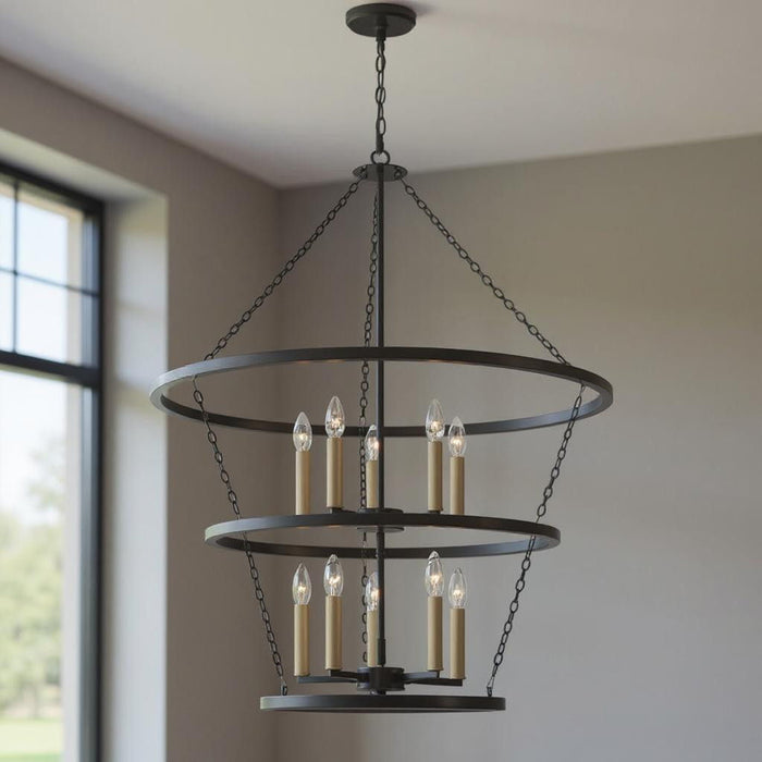 Black and gold metal chandelier with ten candle-style lights, dimmable HomeRoots chandelier for elegant lighting.