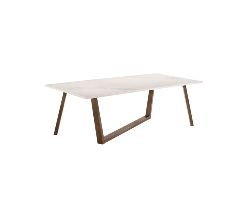 Faux Marble Solid Wood Trestle Base Dining Table - White / Brown