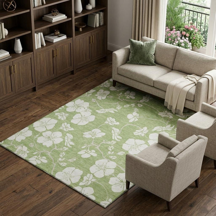 10' X 14' Floral Washable Area Rug With UV Protection (681005) - Artichoke Green / Ivory
