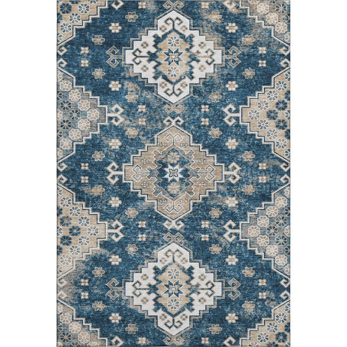 9' X 12' Medallion Washable Area Rug With UV Protection (667383) - Navy Blue / Ivory / Beige