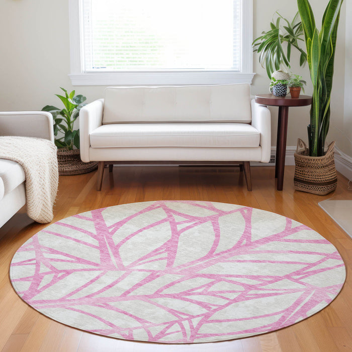 8' Floral Washable Round Rug With UV Protection - Pink And Beige