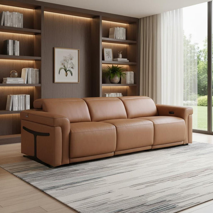 Top Grain Leather Reclining Metal USB Sofa (720358) - Chestnut