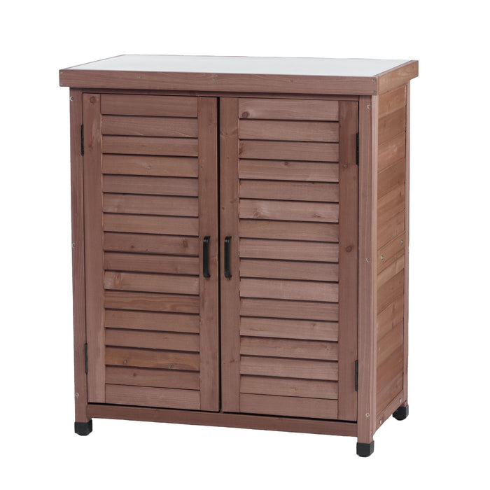 Giga outdoor potting bench with storage cabinet and metal tabletop, ideal for gardening and outdoor workspace organization.