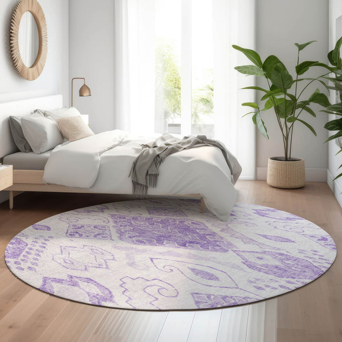 8' Moroccan Washable Round Rug With UV Protection - Purple And Ivory
