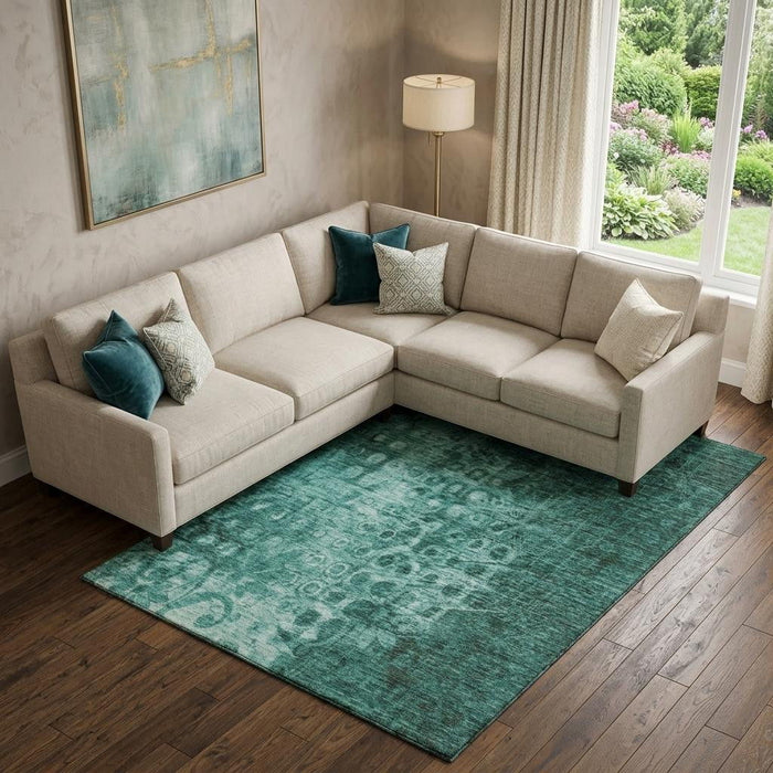 9' X 12' Washable Area Rug With UV Protection (650013) - Teal / Ivory