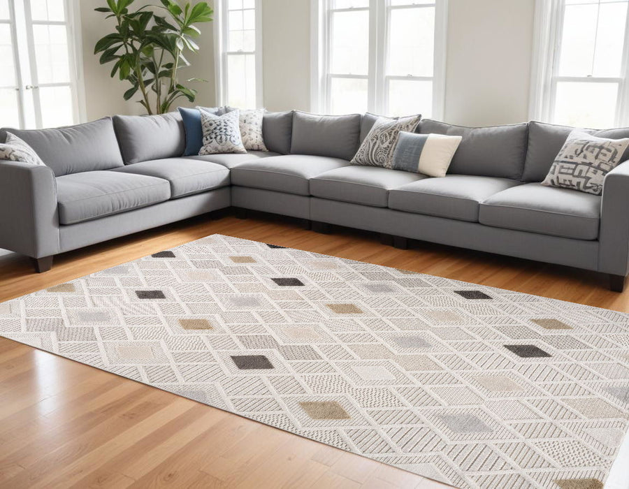 8' x 11' Modern Abstract Distressed Polyester Area Rug - Cream And Beige