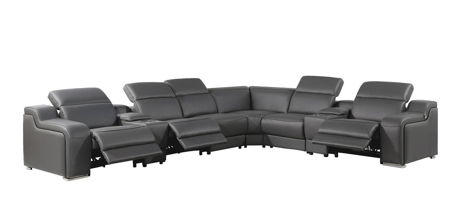 Italian Leather Power Reclining Curved Eight Piece Corner Sectional With Console - Gray
