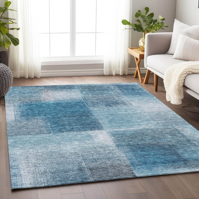10' X 14' Abstract Washable Area Rug With UV Protection - Denim Blue / Ivory