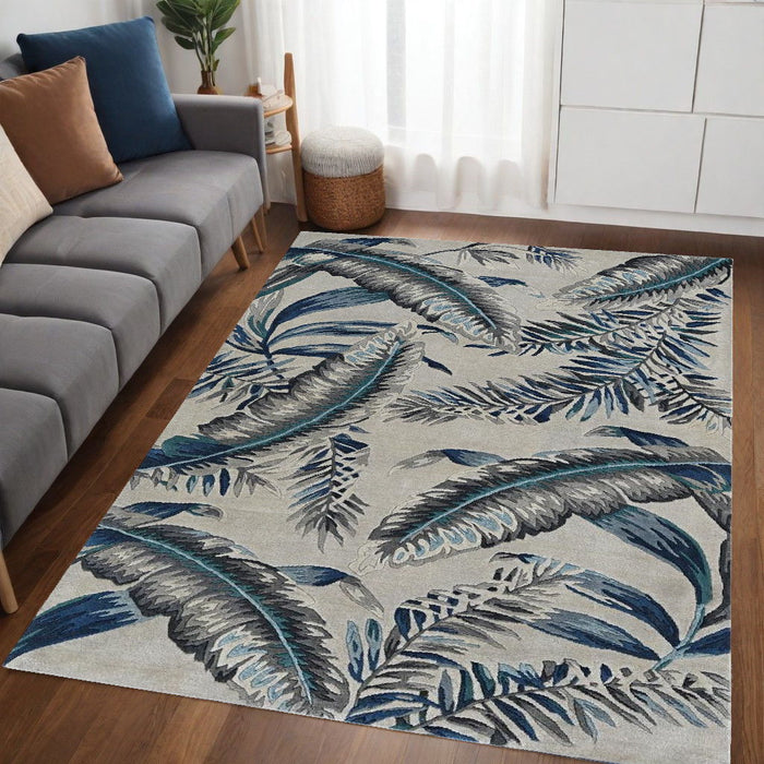 5' x 8' Wool Botanical Leaves Hand Tufted Area Rug - Blue And Gray